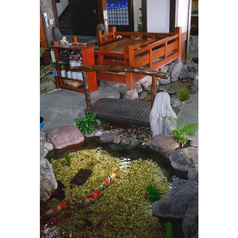 【札幌かに本家 岡崎店】店内がお庭に。小川のせせらぎや鯉の姿を楽しめる憩いの空間