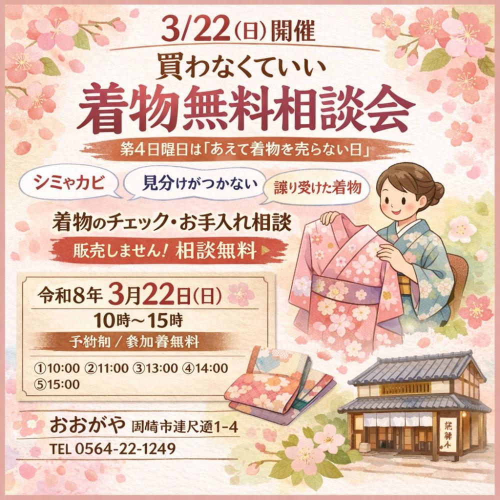3月22日㈰　おおがや着物無料相談会開催のお知らせ※事前予約制